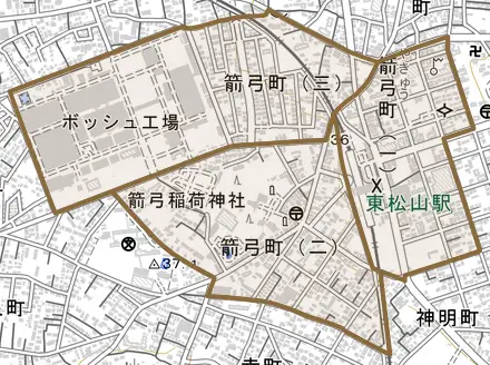 箭弓町とその周辺の地図。町の範囲を重ねている