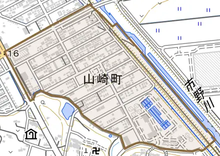 山崎町とその周辺の地図。町の範囲を重ねている