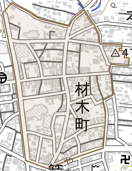 材木町とその周辺の地図。町の範囲を重ねている