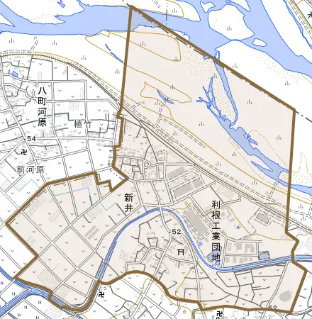 新井とその周辺の地図。町の範囲を重ねている