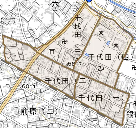 千代田とその周辺の地図。町の範囲を重ねている