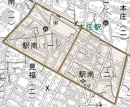 駅南とその周辺の地図。町の範囲を重ねている