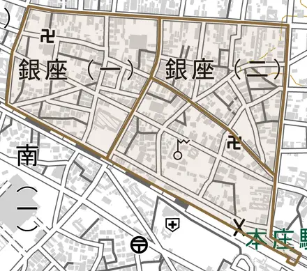 銀座とその周辺の地図。町の範囲を重ねている