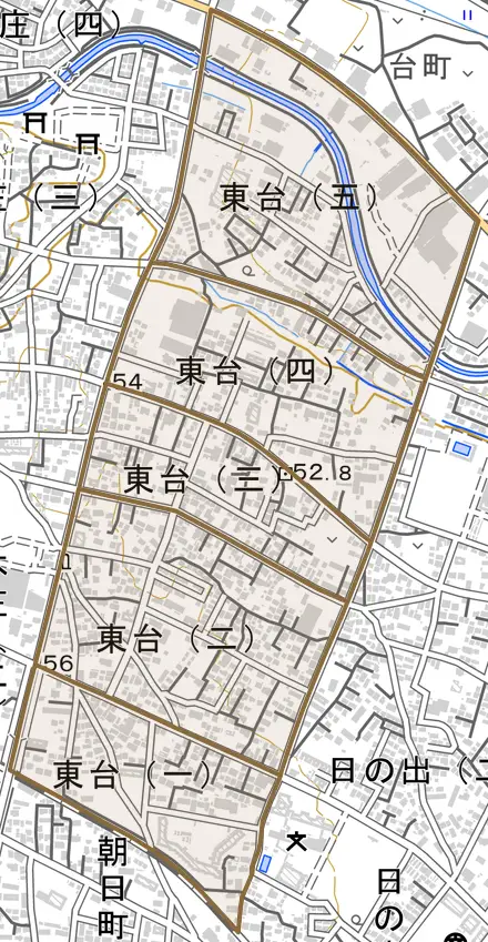東台とその周辺の地図。町の範囲を重ねている