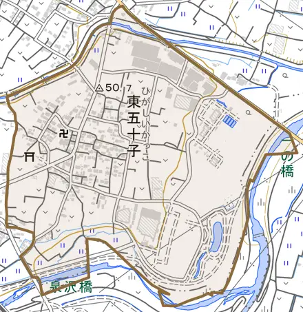 東五十子とその周辺の地図。町の範囲を重ねている