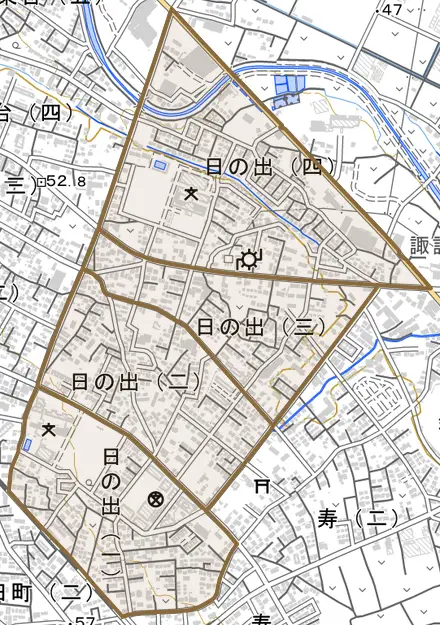 日の出とその周辺の地図。町の範囲を重ねている
