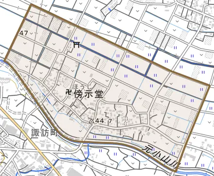 傍示堂とその周辺の地図。町の範囲を重ねている