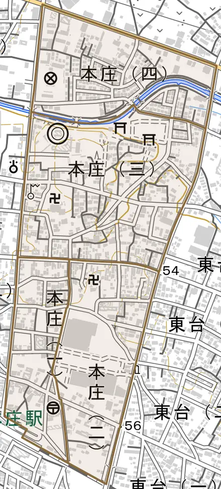 本庄とその周辺の地図。町の範囲を重ねている