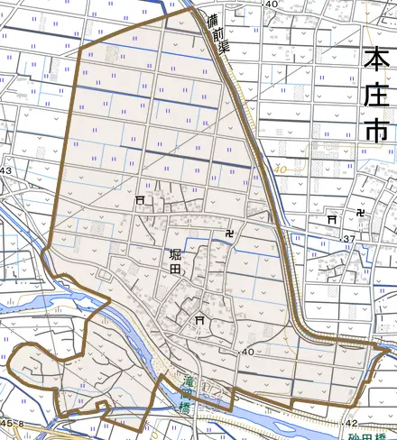 堀田とその周辺の地図。町の範囲を重ねている