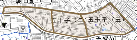 五十子とその周辺の地図。町の範囲を重ねている