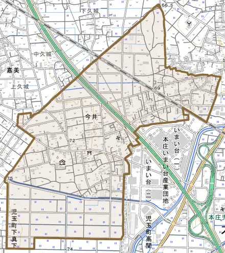 今井とその周辺の地図。町の範囲を重ねている