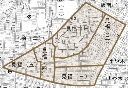 見福とその周辺の地図。町の範囲を重ねている