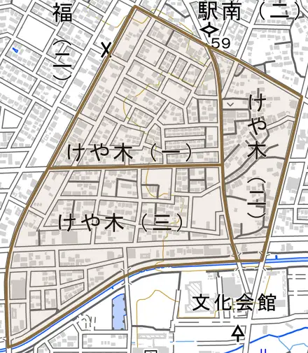 けや木とその周辺の地図。町の範囲を重ねている