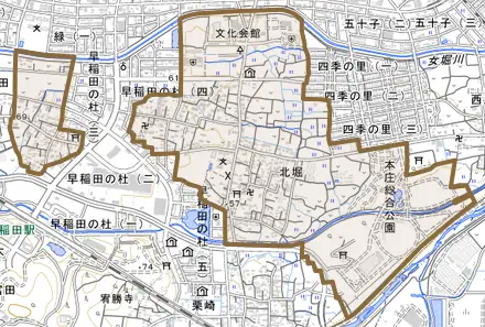 北堀とその周辺の地図。町の範囲を重ねている