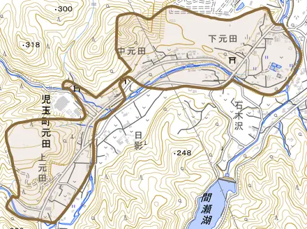 児玉町元田とその周辺の地図。町の範囲を重ねている