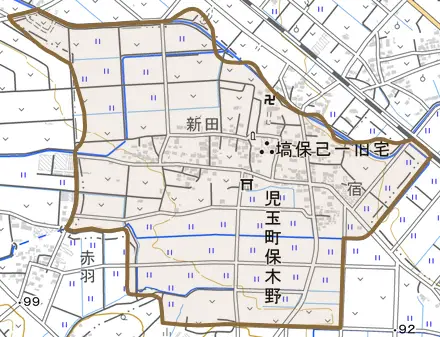児玉町保木野とその周辺の地図。町の範囲を重ねている