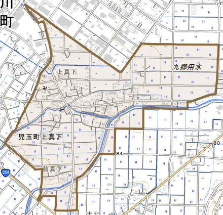 児玉町上真下とその周辺の地図。町の範囲を重ねている