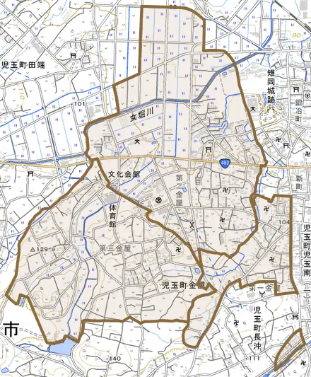 児玉町金屋とその周辺の地図。町の範囲を重ねている