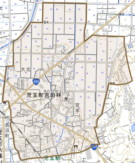 児玉町吉田林とその周辺の地図。町の範囲を重ねている