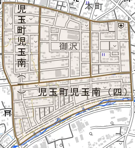 児玉町児玉南とその周辺の地図。町の範囲を重ねている
