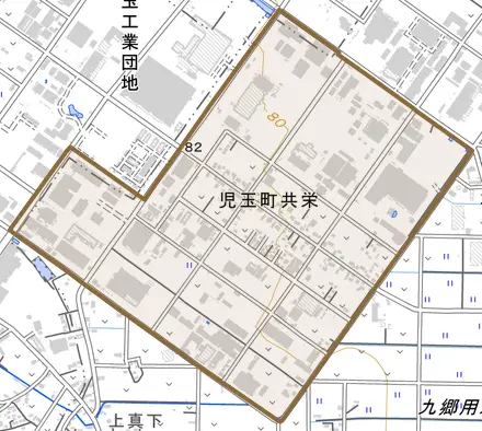 児玉町共栄とその周辺の地図。町の範囲を重ねている