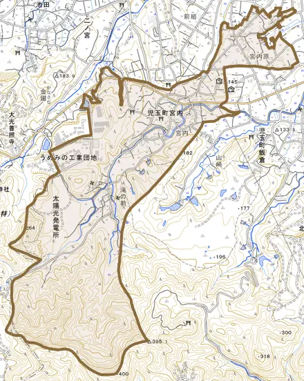 児玉町宮内とその周辺の地図。町の範囲を重ねている