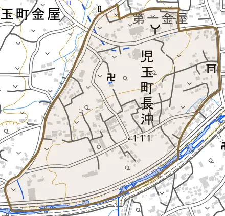 児玉町長沖とその周辺の地図。町の範囲を重ねている