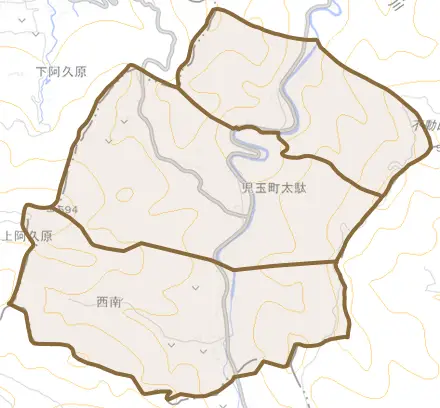 児玉町太駄とその周辺の地図。町の範囲を重ねている