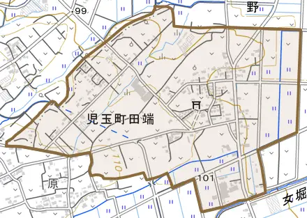 児玉町田端とその周辺の地図。町の範囲を重ねている