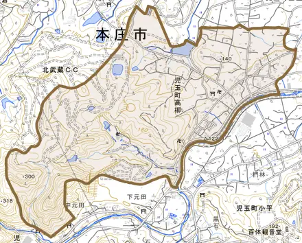 児玉町高柳とその周辺の地図。町の範囲を重ねている