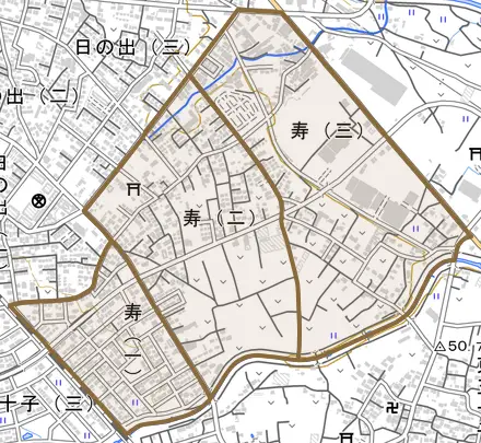 寿とその周辺の地図。町の範囲を重ねている