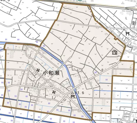 小和瀬とその周辺の地図。町の範囲を重ねている