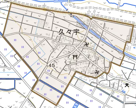 久々宇とその周辺の地図。町の範囲を重ねている