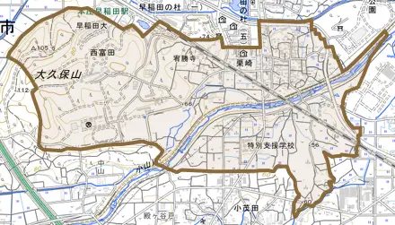 栗崎とその周辺の地図。町の範囲を重ねている