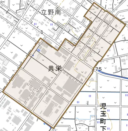 共栄とその周辺の地図。町の範囲を重ねている