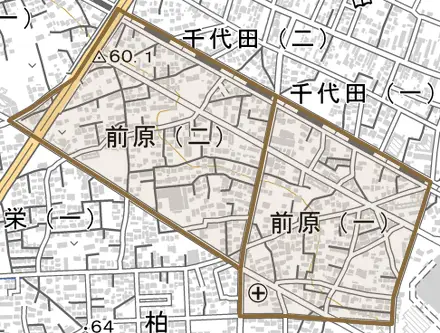 前原とその周辺の地図。町の範囲を重ねている