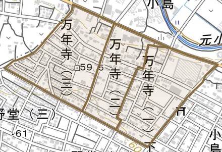 万年寺とその周辺の地図。町の範囲を重ねている