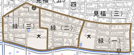 緑とその周辺の地図。町の範囲を重ねている