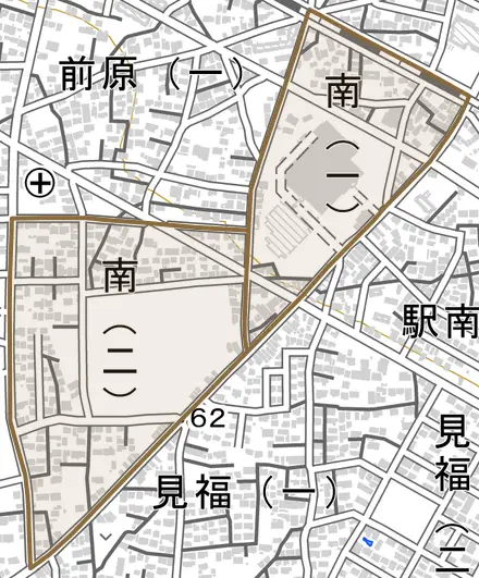 南とその周辺の地図。町の範囲を重ねている