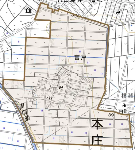 宮戸とその周辺の地図。町の範囲を重ねている