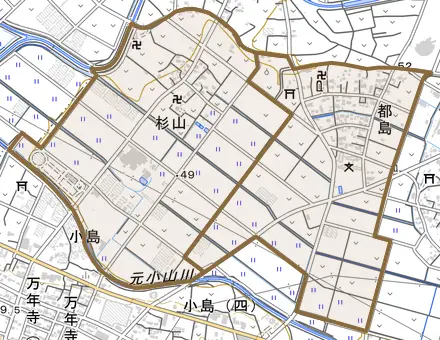 都島とその周辺の地図。町の範囲を重ねている