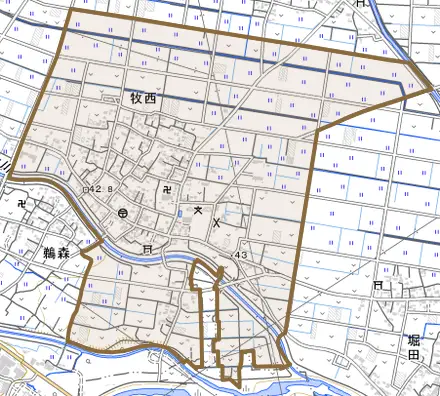 牧西とその周辺の地図。町の範囲を重ねている