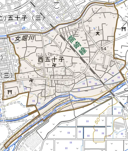 西五十子とその周辺の地図。町の範囲を重ねている