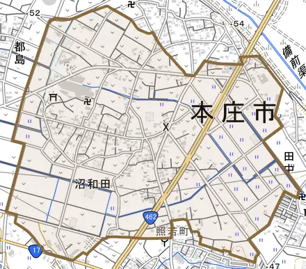 沼和田とその周辺の地図。町の範囲を重ねている