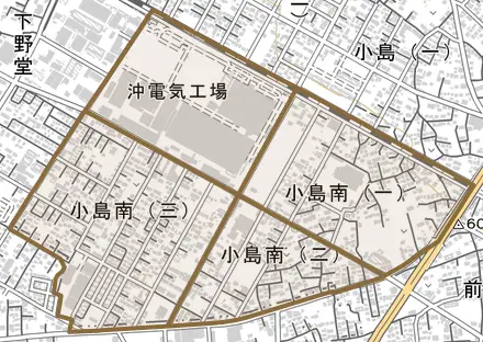 小島南とその周辺の地図。町の範囲を重ねている