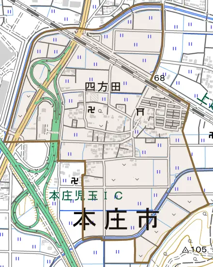 四方田とその周辺の地図。町の範囲を重ねている