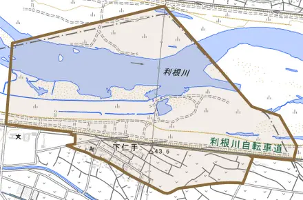 下仁手とその周辺の地図。町の範囲を重ねている