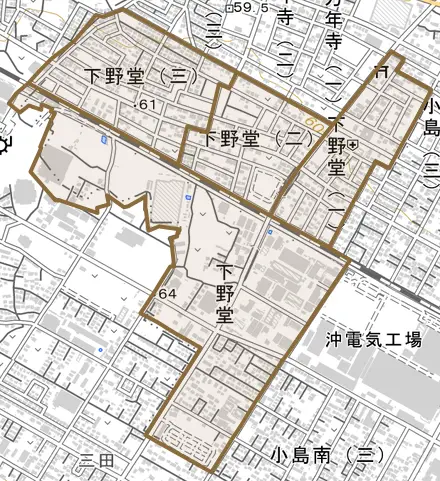 下野堂とその周辺の地図。町の範囲を重ねている