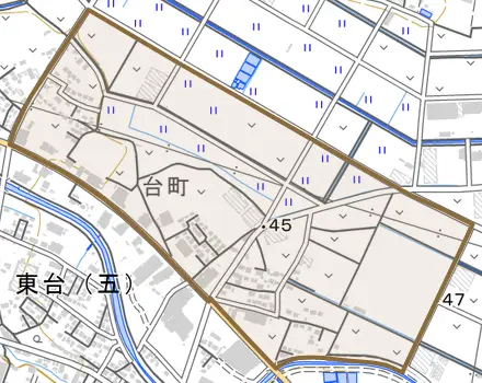 台町とその周辺の地図。町の範囲を重ねている