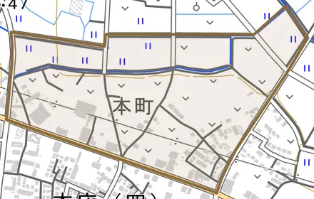 本町とその周辺の地図。町の範囲を重ねている